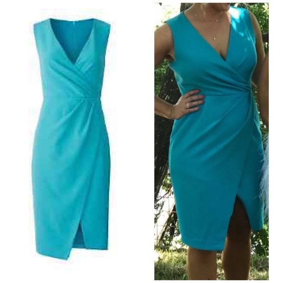 Black Halo Nora Blue Faux Wrap Sleeveless V-Neck Sheath Dress - Picture 3 of 10